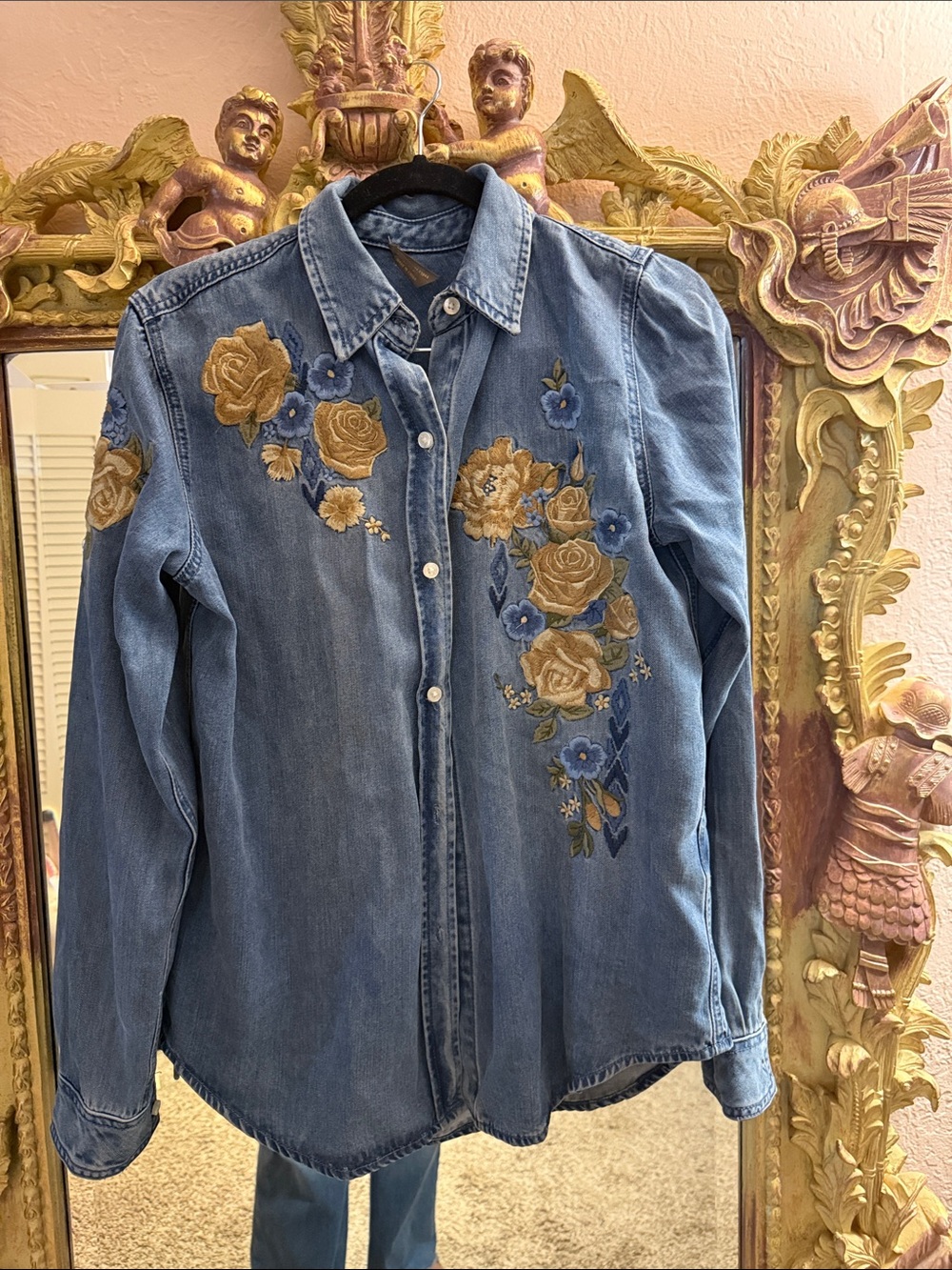 Stetson Denim Button Down with Yellow & Blue Floral Embroidery